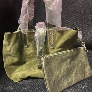 Tiffany & Co. Metallic Green & Army Green Suede Reversible Tote Bag NWOT